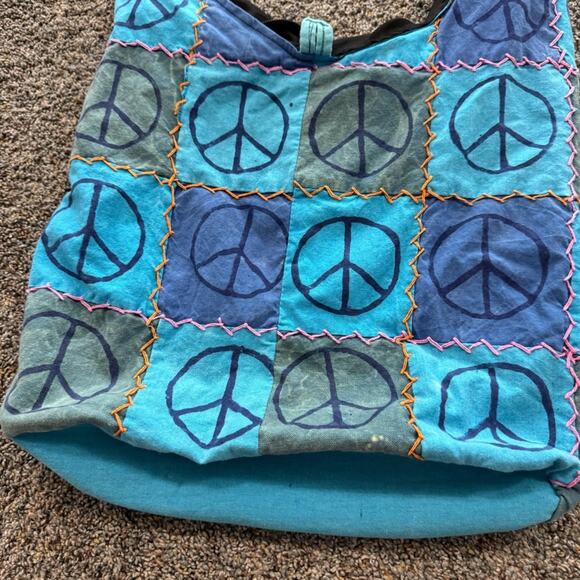 Handmade Hippie Nepal Boho Crossbody Shoulder Bag Purse Blue Peace Signs Zipper - Picture 2 of 12